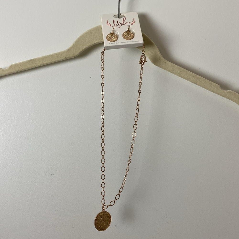LEA & VIOLA Y2K Festive Link Chain Coin Necklace & Earring Set Gold Perfect Gift - Picture 3 of 3